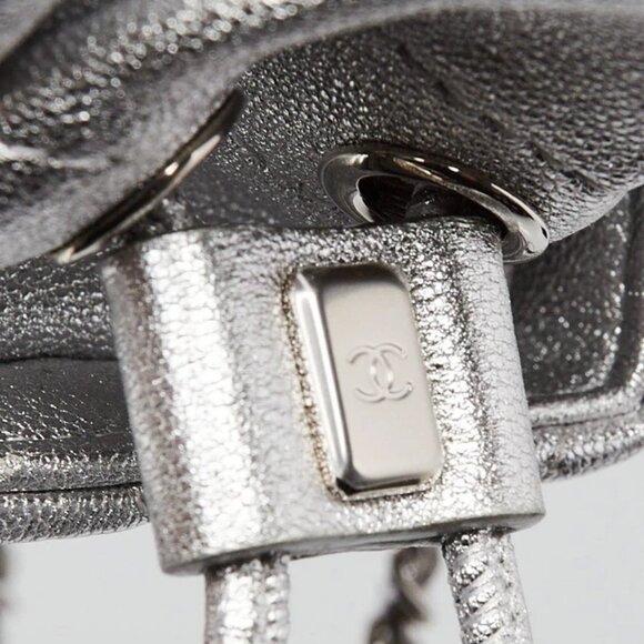 Chanel Metallic Silver Quilted Leather Mini Drawstring CC Bucket Bag - Picture 6 of 12